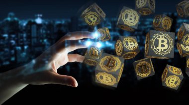 Bitcoins cryptocurrency 3d rendering kullanarak iş kadını