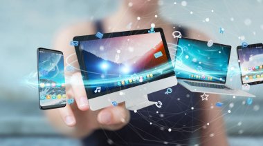 İşadamı teknik cihazlar ve simgeler uygulamaları 3d re bağlanılıyor