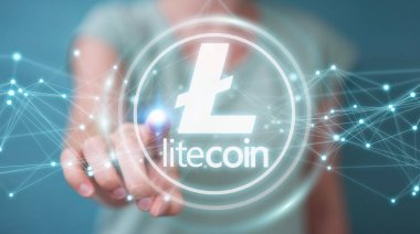 Litecoins cryptocurrency 3d rendering kullanarak iş kadını
