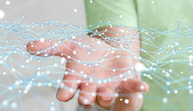 Uçan ağ nokta 3d render tutan işadamı