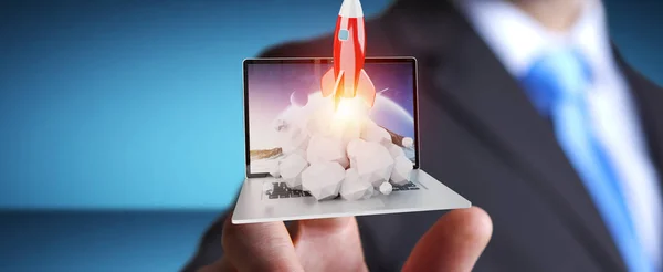 Бізнесмен з запуском ракети з ноутбука 3D рендеринга — стокове фото
