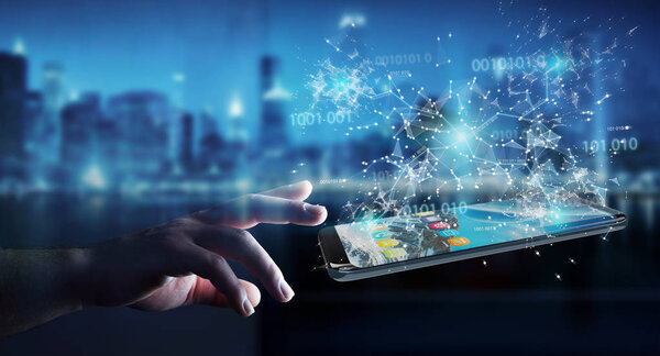 Бизнесмен использует цифровой двоичный код на мобильном телефоне 3D рендери
