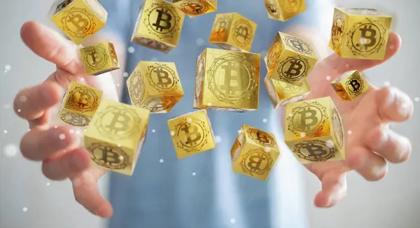 Empresario usando bitcoins cryptocurrency 3D rendering — Foto de Stock