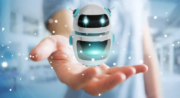 นักธุรกิจใช้แอพพลิเคชั่นหุ่นยนต์แชทบอทดิจิตอล 3D — ภาพถ่ายสต็อก
