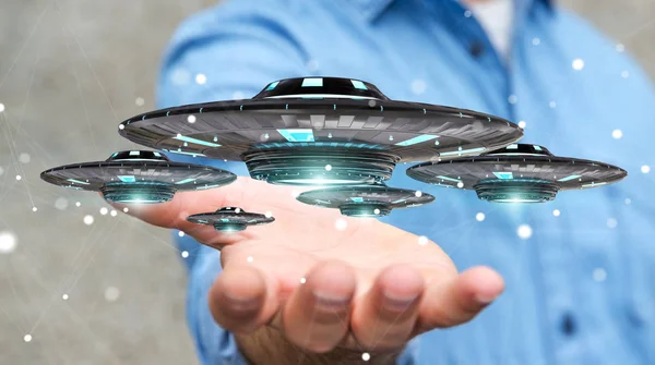 レトロな Ufo 宇宙船の 3 d レンダリングを持ったビジネスマン — ストック写真