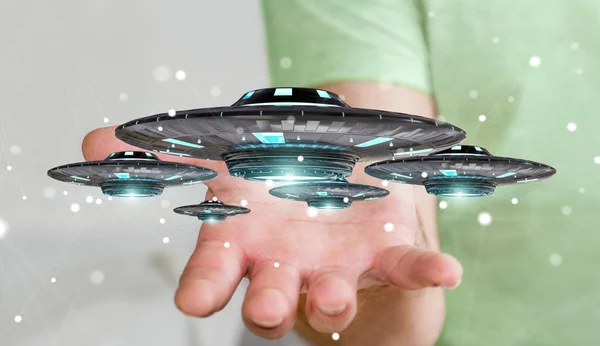 Uomo d'affari con astronave retrò UFO rendering 3D — Foto Stock