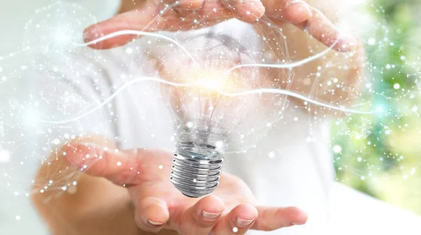 Affärsman som förbinder moderna glödlampor med anslutningar 3d ren — Stockfoto