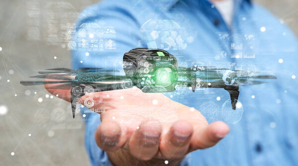 Бизнесмен, использующий современный 3D рендеринг беспилотников
