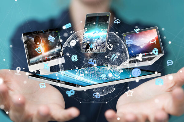 Технические устройства, подключенные друг к другу бизнес-леди 3D рендери
