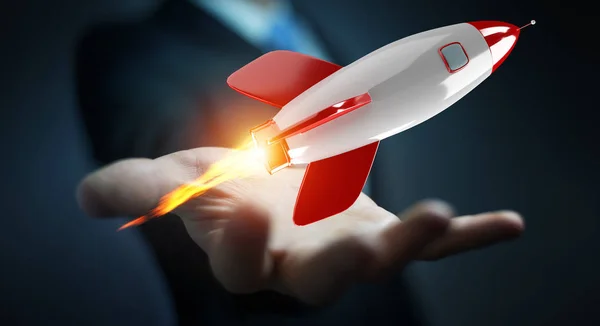 Zakenman holding en aanraken van een raket 3D-rendering — Stockfoto