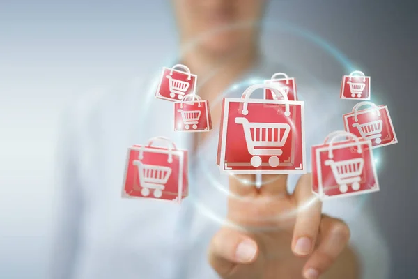 Businesswoman using digital shopping icons 3D rendering — Stock Photo, Image