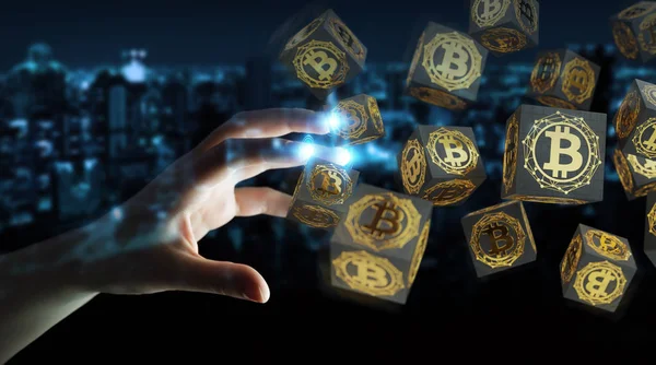 Businesswoman usando bitcoins cryptocurrency 3D rendering — Foto de Stock