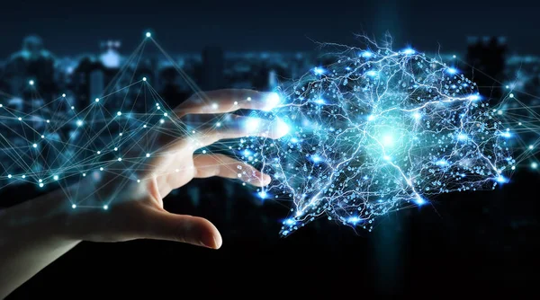Geschäftsfrau mit digitalem Röntgenbild menschliches Gehirn Schnittstelle 3d rende — Stockfoto
