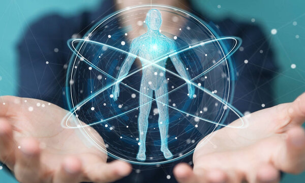 Businesswoman using digital x-ray human body scan interface 3D r