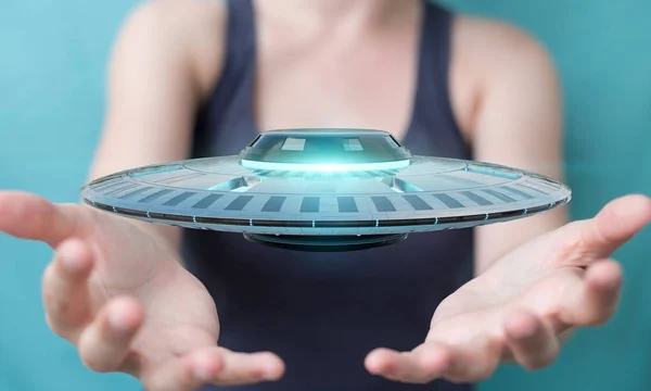 İşkadını retro Ufo uzay gemisi 3d render ile — Stok fotoğraf