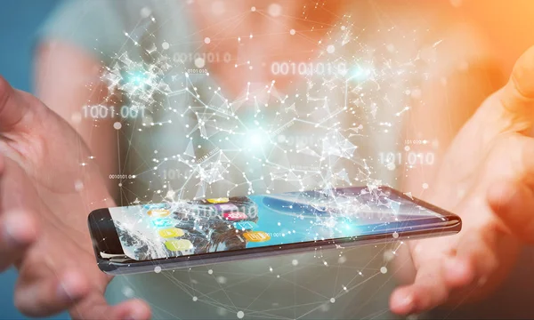 Бизнесвумен, использующая цифровой двоичный код на мобильном телефоне 3D ренде — стоковое фото