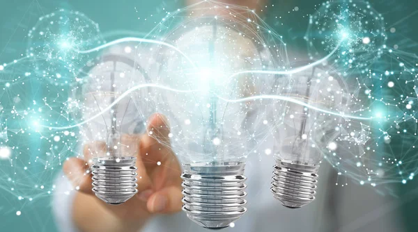 Businesswoman connecting modern lightbulbs with connections 3D r — Stock Photo, Image