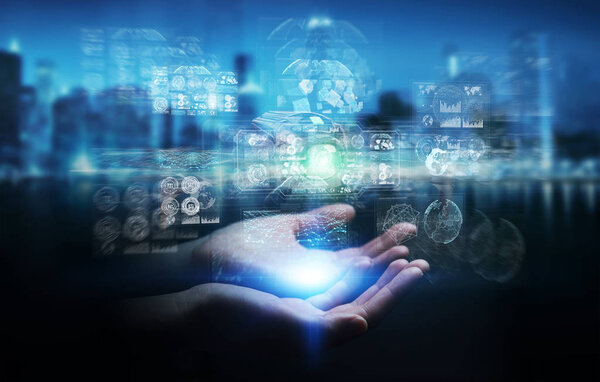 Бизнесвумен, использующая современный 3D рендеринг беспилотника
