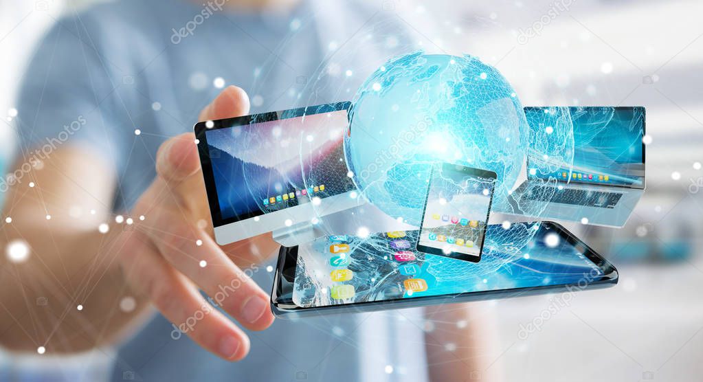 Businessman connecting tech devices and icons applications 3D re