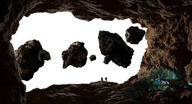 Asteroid bir mağarada keşfetmek astronotlar 3d işleme öğeleri