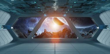 Uzay gemisi fütüristik gri mavi iç exoplanet Manzaralı