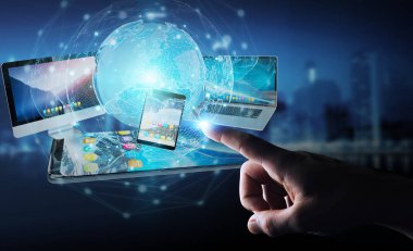 İşadamı teknik cihazlar ve simgeler uygulamaları 3d re bağlanılıyor