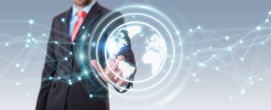 Planet earth ağ küre 3d işlemesini kullanan iş adamı