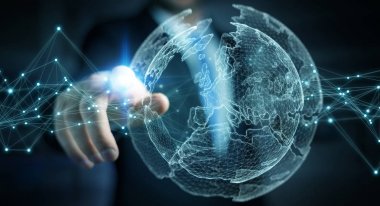 Planet earth ağ küre 3d işlemesini kullanan iş adamı