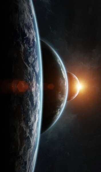 Sistema de planetas distantes no espaço com exoplanetas 3D renderização elem — Fotografia de Stock