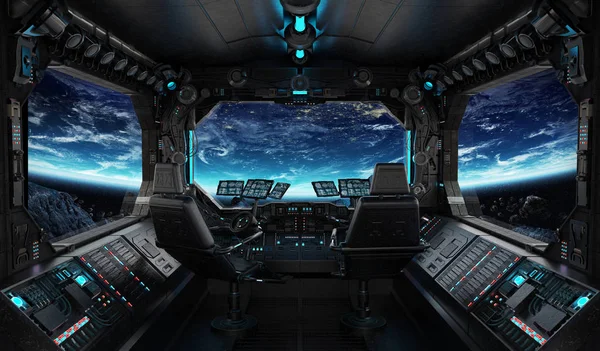 Nave espacial grunge interior com vista para o planeta Terra — Fotografia de Stock