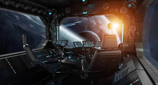 Nave espacial grunge interior com vista para o exoplaneta — Fotografia de Stock