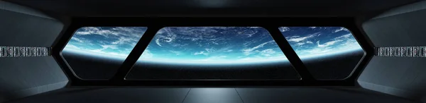 Rymdskepp futuristisk interiör med utsikt på planeten jorden — Stockfoto