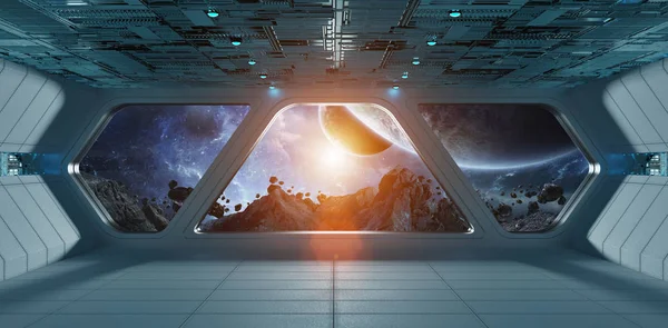 Űrhajó futurisztikus szürke kék belseje, kilátással a exobolygó — Stock Fotó