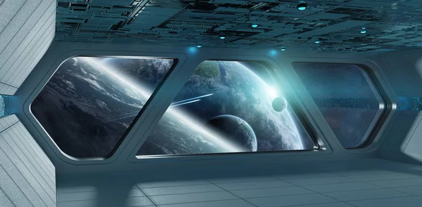 Nave espacial futurista gris azul interior con vista al exoplaneta — Foto de Stock