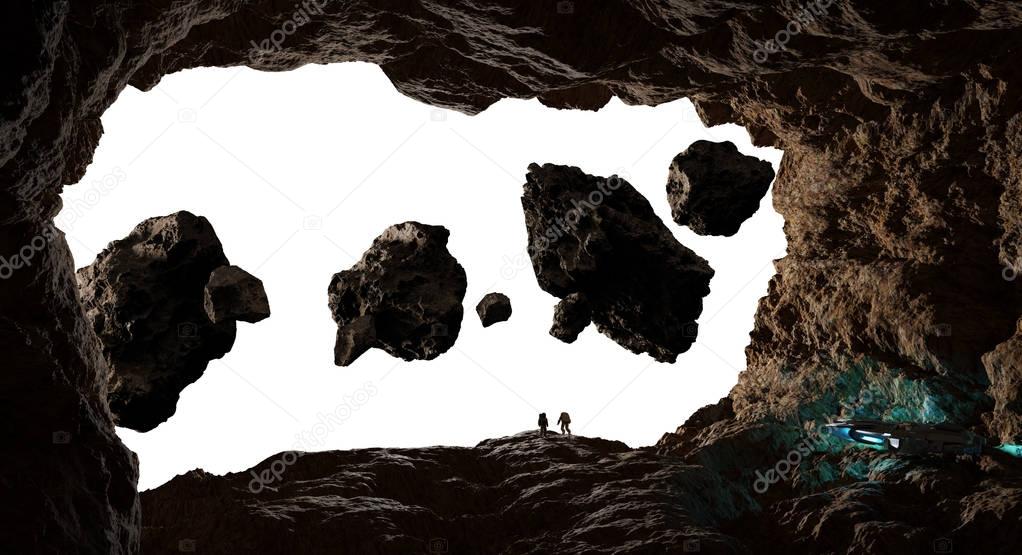 Astronauts exploring a cave in asteroid 3D rendering elements of