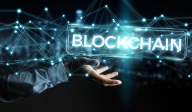 İşadamı blockchain cryptocurrency arabirimi 3d renderi kullanarak
