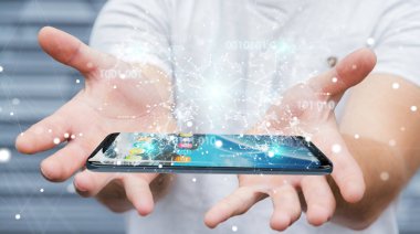 Cep telefonu 3d renderi üzerinde dijital ikili kod kullanarak iş adamı