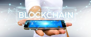 İşadamı blockchain cryptocurrency arabirimi 3d renderi kullanarak