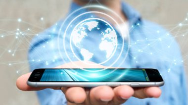 Planet earth ağ küre 3d işlemesini kullanan iş adamı