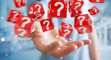 Küpleri ile 3d render soru işaretleri kullanarak iş adamı