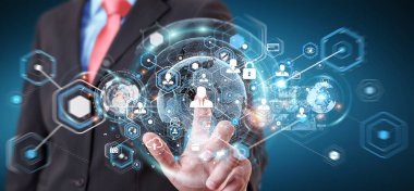 Sosyal ağ arabirimi 3d işlemesini kullanan iş adamı