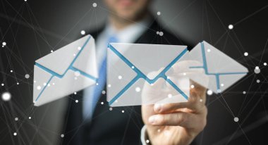 E-posta simgesi bir rakam ile uçan 3d render dokunmadan işadamı