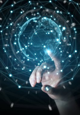 Planet earth ağ küre 3d işlemesini kullanan iş kadını