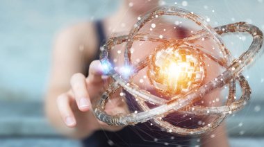 Fütüristik torus dokulu nesne 3d renderin kullanarak iş kadını