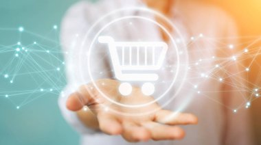 Dijital alışveriş simgeleri kullanarak bağlantıları 3d ren ile işadamı