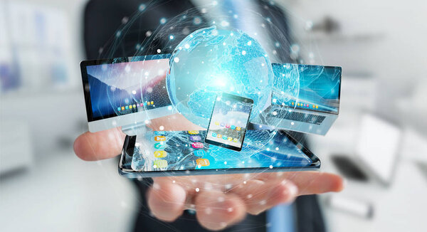 Бизнесмен, соединяющий технологические устройства и иконки 3D re
