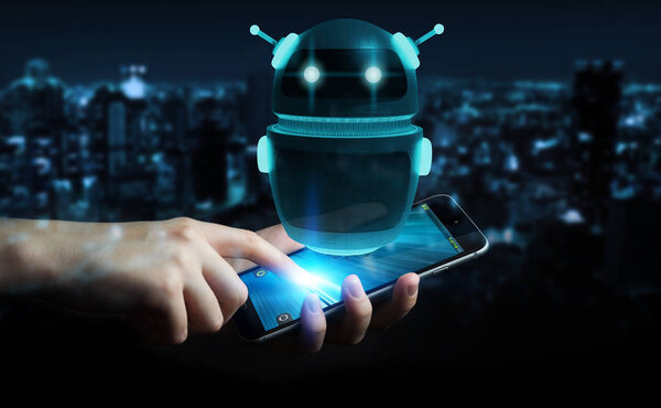 Бизнесмен, использующий приложение цифрового робота Chatbot 3D рендеринг
