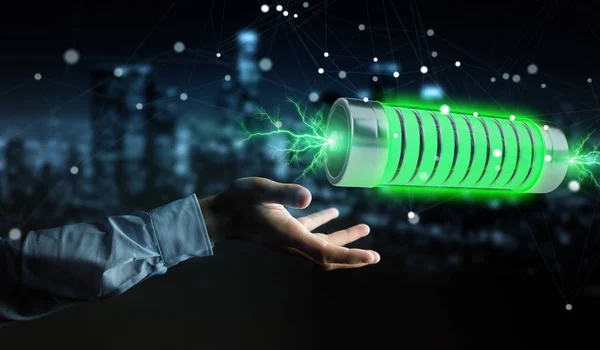 Бизнесмен использует зеленую батарею с молниями 3D рендеринга — стоковое фото