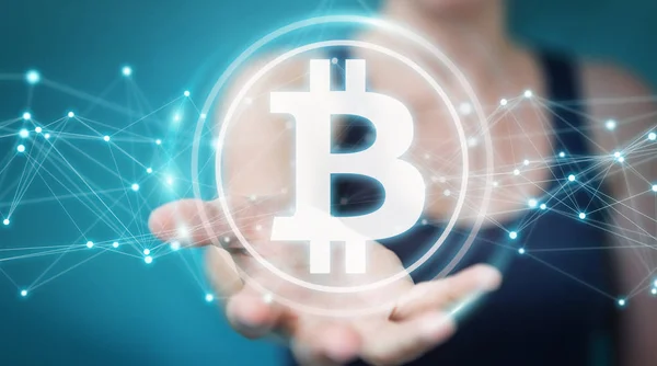 Businesswoman using bitcoins cryptocurrency 3D rendering — Stock Photo, Image