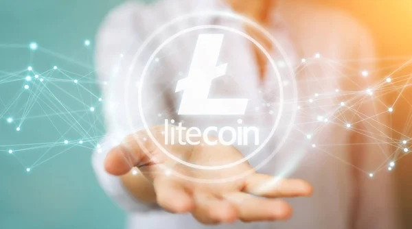 Litecoins cryptocurrency 3d rendering kullanarak iş kadını — Stok fotoğraf